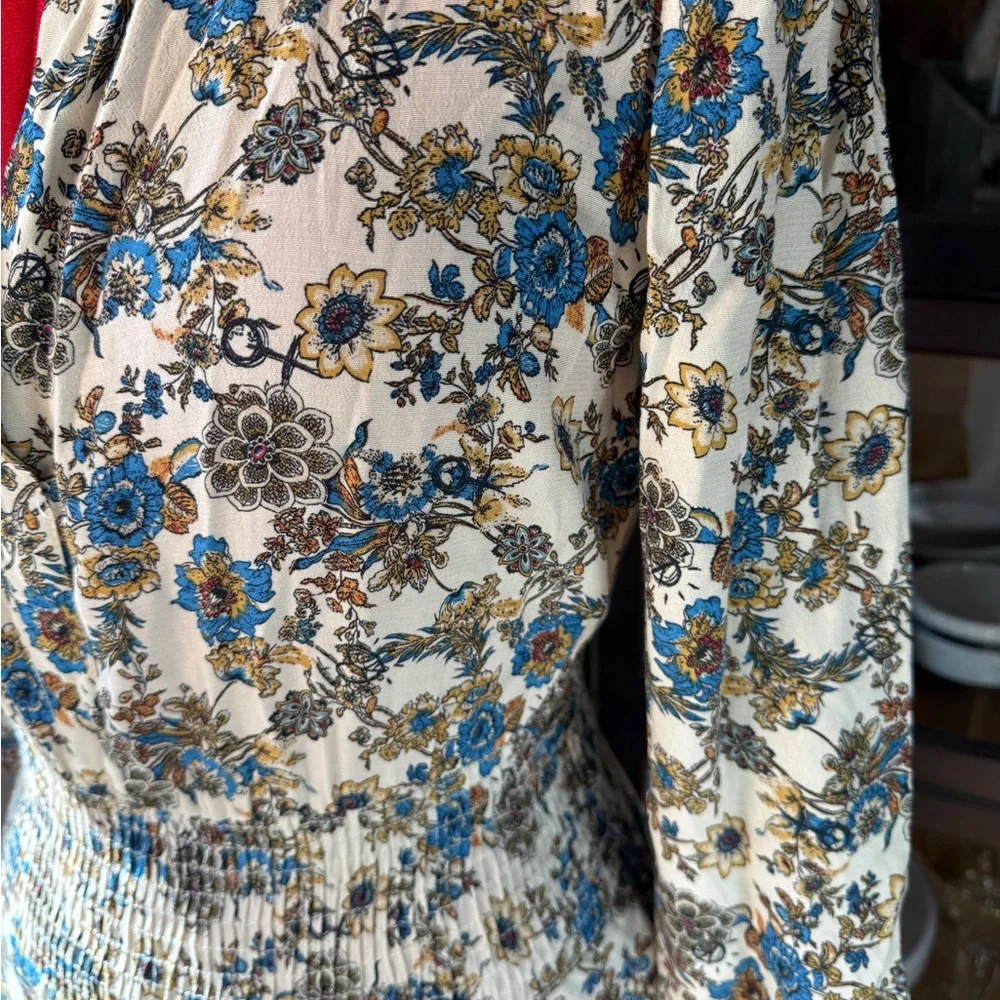 Desigual Blue and Cream Floral Smocked Waist Boho Dress Size S - Picture 5 of 11